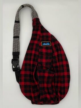 KAVU Classic Rope Sling Bag Red and Black Buffalo Plaid Cabincore Unisex